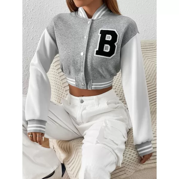 WDIRARA Women's Casual Button Down Letter Patched Color Block Crop Varsity Jacket Outerwear