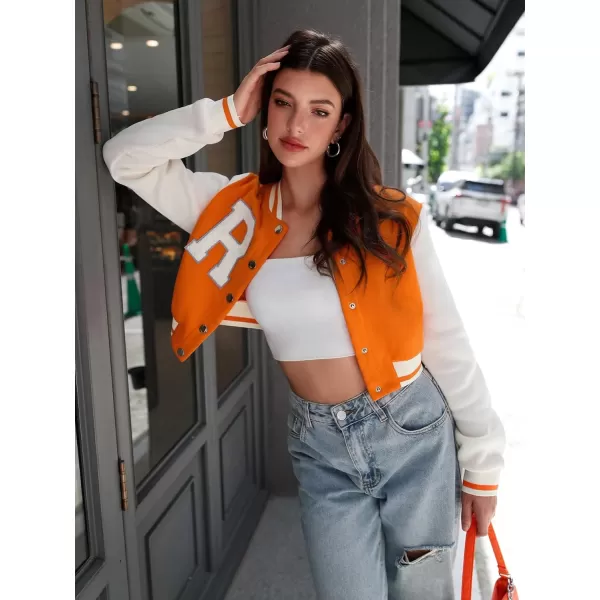 WDIRARA Women's Casual Button Down Letter Patched Color Block Crop Varsity Jacket Outerwear