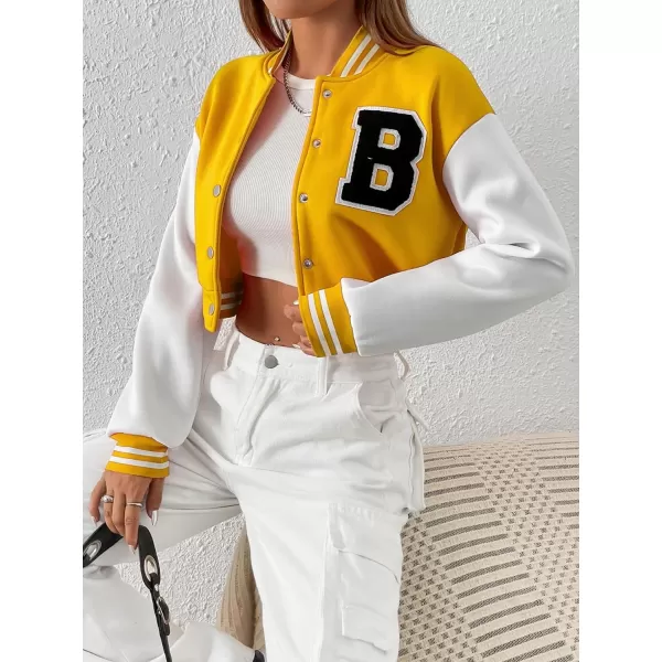 WDIRARA Women's Casual Button Down Letter Patched Color Block Crop Varsity Jacket Outerwear