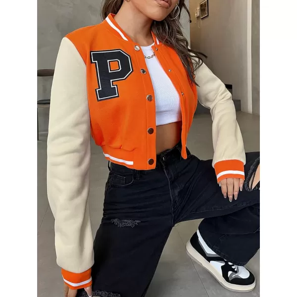 WDIRARA Women's Casual Button Down Letter Patched Color Block Crop Varsity Jacket Outerwear