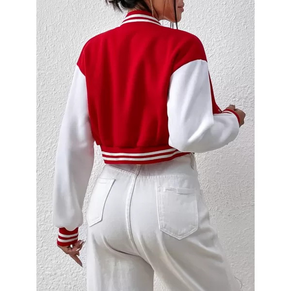 WDIRARA Women's Casual Button Down Letter Patched Color Block Crop Varsity Jacket Outerwear