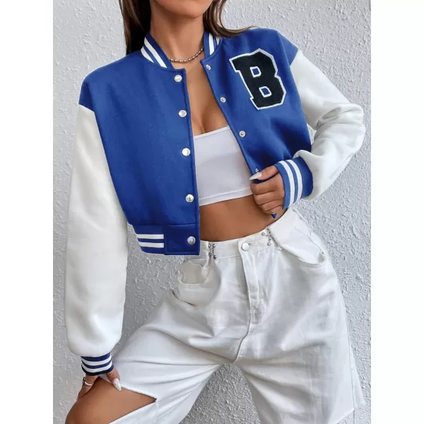 WDIRARA Women's Casual Button Down Letter Patched Color Block Crop Varsity Jacket Outerwear