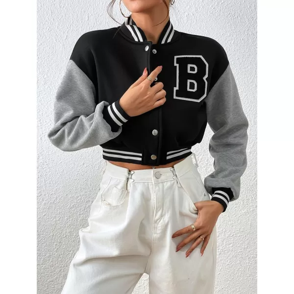 WDIRARA Women's Casual Button Down Letter Patched Color Block Crop Varsity Jacket Outerwear