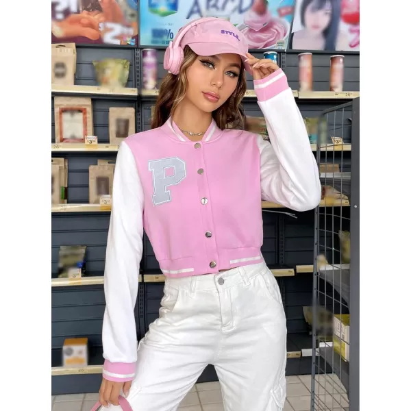 WDIRARA Women's Casual Button Down Letter Patched Color Block Crop Varsity Jacket Outerwear
