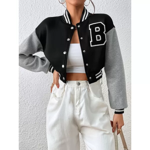 WDIRARA Women's Casual Button Down Letter Patched Color Block Crop Varsity Jacket Outerwear