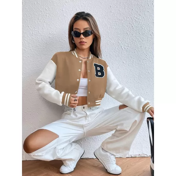WDIRARA Women's Casual Button Down Letter Patched Color Block Crop Varsity Jacket Outerwear