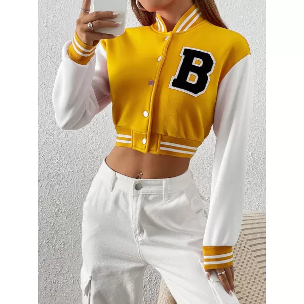WDIRARA Women's Casual Button Down Letter Patched Color Block Crop Varsity Jacket Outerwear