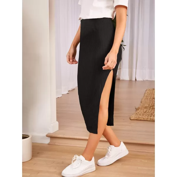 WDIRARA Women's Casual Drawstring Waist Split Back Solid Midii Skirt