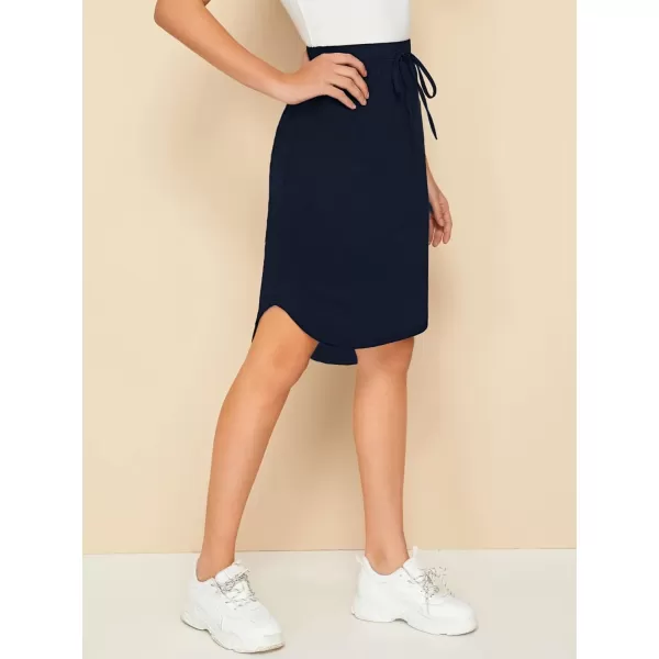 WDIRARA Women's Casual Drawstring Waist Split Back Solid Midii Skirt