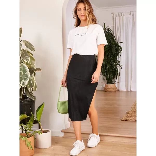 WDIRARA Women's Casual Drawstring Waist Split Back Solid Midii Skirt