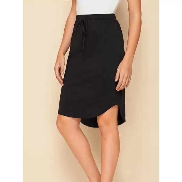 WDIRARA Women's Casual Drawstring Waist Split Back Solid Midii Skirt