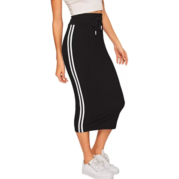 WDIRARA Women's Casual Drawstring Waist Split Back Solid Midii Skirt