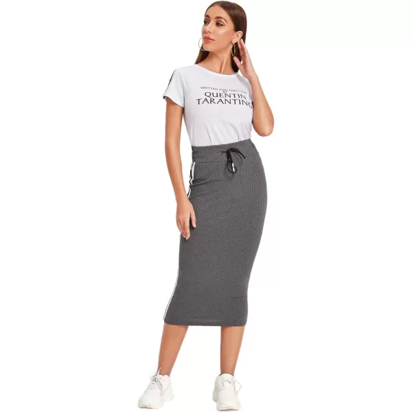 WDIRARA Women's Casual Drawstring Waist Split Back Solid Midii Skirt