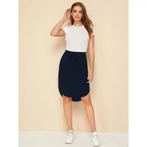 WDIRARA Women's Casual Drawstring Waist Split Back Solid Midii Skirt
