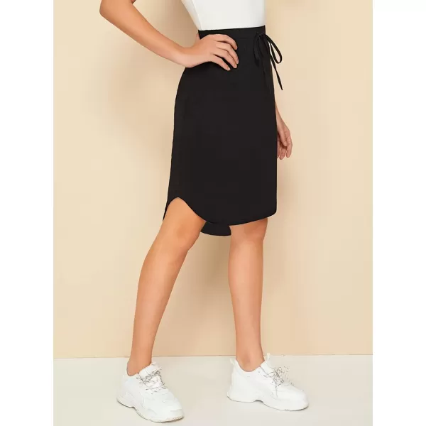 WDIRARA Women's Casual Drawstring Waist Split Back Solid Midii Skirt