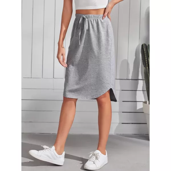 WDIRARA Women's Casual Drawstring Waist Split Back Solid Midii Skirt