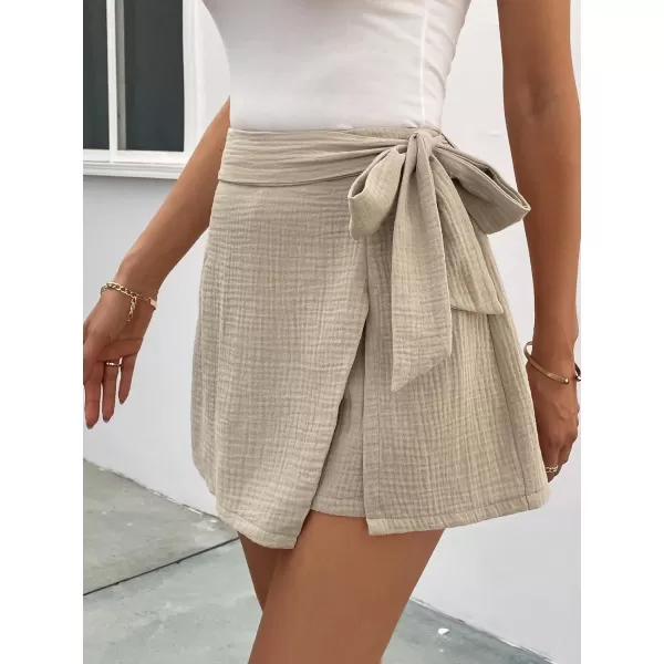 WDIRARA Women's Casual Mini Wrap Shorts Belted High Waist Knot Skorts Summer Loose Skirt