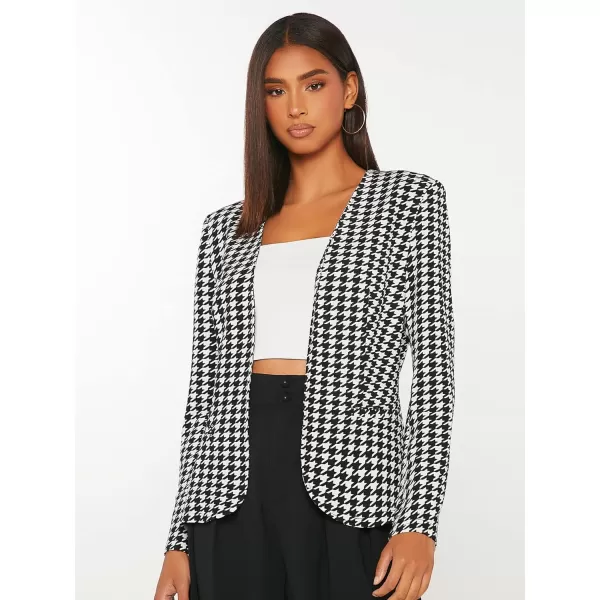 WDIRARA Women's Casual Open Front Houndstooth Print Long Sleeve Blazer Jacket Coats