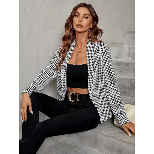 WDIRARA Women's Casual Open Front Houndstooth Print Long Sleeve Blazer Jacket Coats