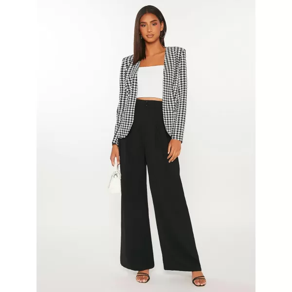 WDIRARA Women's Casual Open Front Houndstooth Print Long Sleeve Blazer Jacket Coats