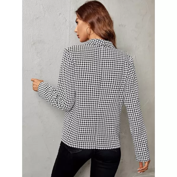 WDIRARA Women's Casual Open Front Houndstooth Print Long Sleeve Blazer Jacket Coats