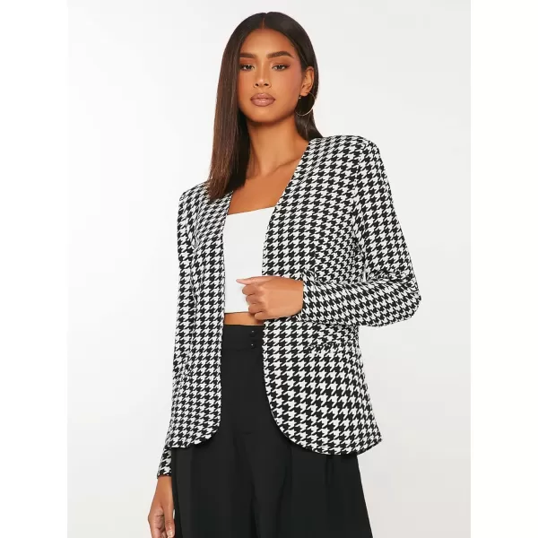 WDIRARA Women's Casual Open Front Houndstooth Print Long Sleeve Blazer Jacket Coats