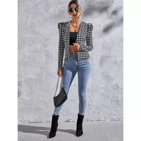 WDIRARA Women's Casual Open Front Houndstooth Print Long Sleeve Blazer Jacket Coats