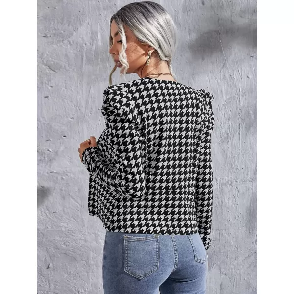 WDIRARA Women's Casual Open Front Houndstooth Print Long Sleeve Blazer Jacket Coats