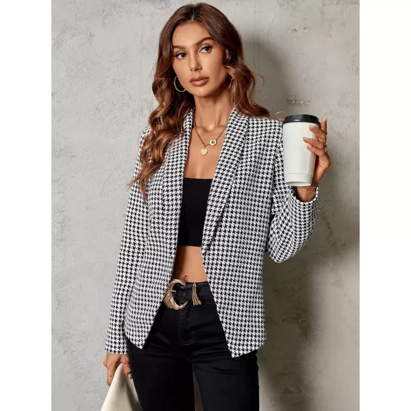 WDIRARA Women's Casual Open Front Houndstooth Print Long Sleeve Blazer Jacket Coats