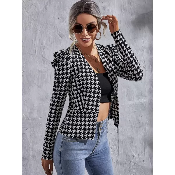WDIRARA Women's Casual Open Front Houndstooth Print Long Sleeve Blazer Jacket Coats