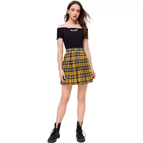 WDIRARA Women's Casual Plaid High Waist Pleated A-Line Uniform Mini Skirt