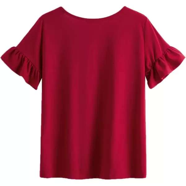 WDIRARA Women's Casual Ruffle Sleeve Round Neck Solid Tee Shirt