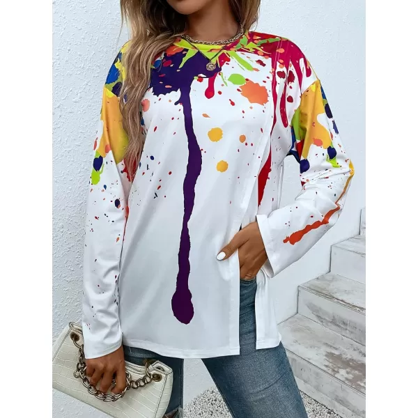 WDIRARA Women's Causal Long Sleeve Crewneck Colorful Ink Print Graphic Split Hem Tops T Shirt