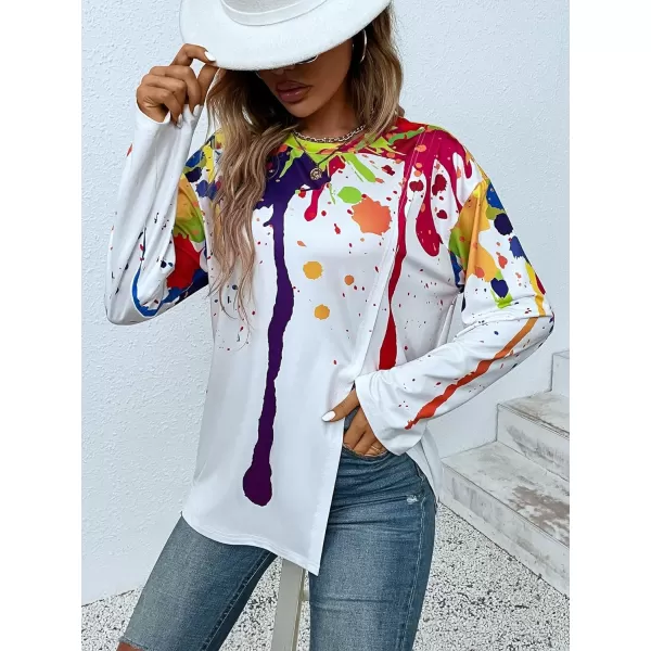 WDIRARA Women's Causal Long Sleeve Crewneck Colorful Ink Print Graphic Split Hem Tops T Shirt