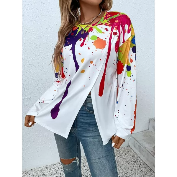 WDIRARA Women's Causal Long Sleeve Crewneck Colorful Ink Print Graphic Split Hem Tops T Shirt