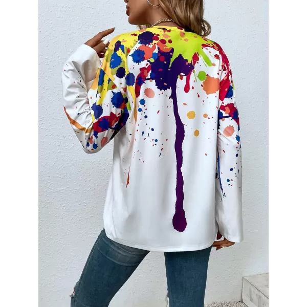 WDIRARA Women's Causal Long Sleeve Crewneck Colorful Ink Print Graphic Split Hem Tops T Shirt