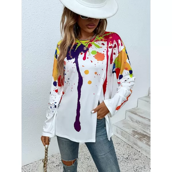 WDIRARA Women's Causal Long Sleeve Crewneck Colorful Ink Print Graphic Split Hem Tops T Shirt