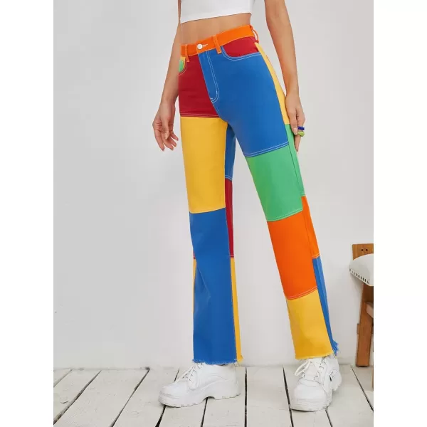 WDIRARA Women's Color Block Raw Hem High Waisted Jeans Straight Leg Denim Pants