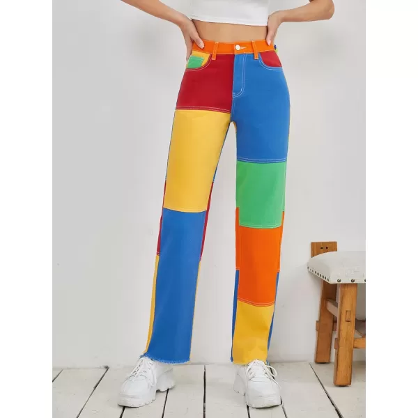 WDIRARA Women's Color Block Raw Hem High Waisted Jeans Straight Leg Denim Pants
