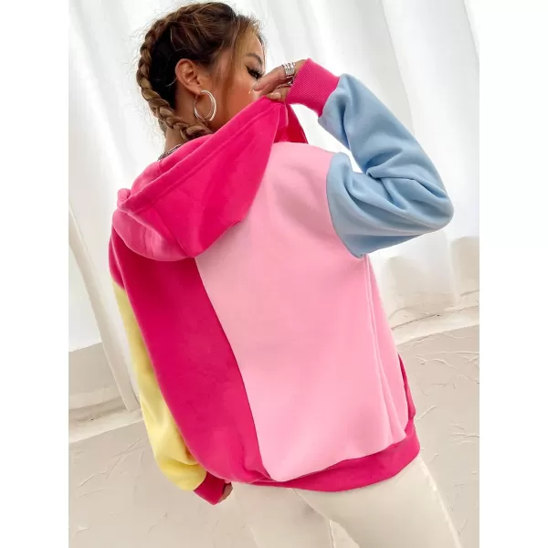 WDIRARA Women's Color Block Zip Front Drawstring Long Sleeve Hoodie Pocket Sweatshirt