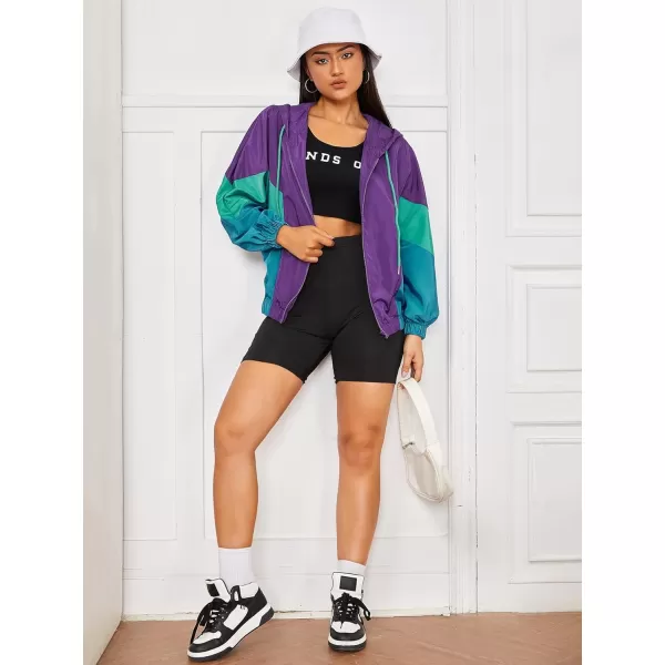 WDIRARA Women's Color Block Zipper Front Long Sleeve Sporty Windbreaker Jacket