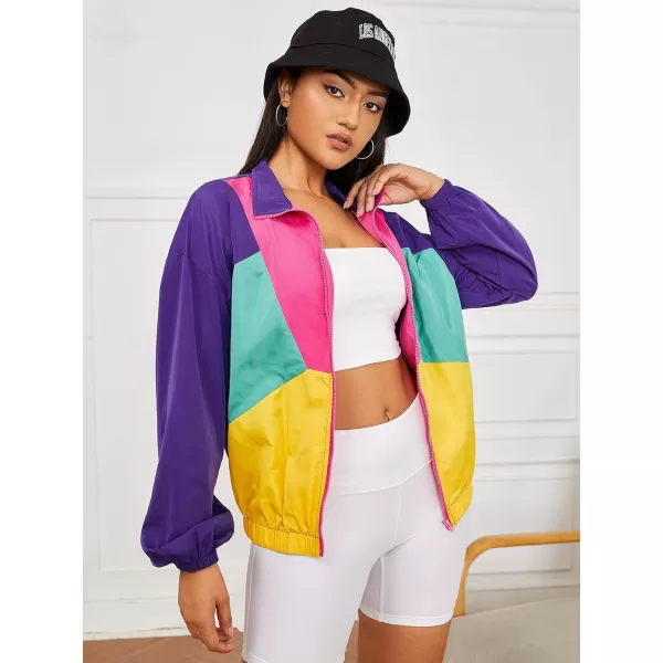 WDIRARA Women's Color Block Zipper Front Long Sleeve Sporty Windbreaker Jacket
