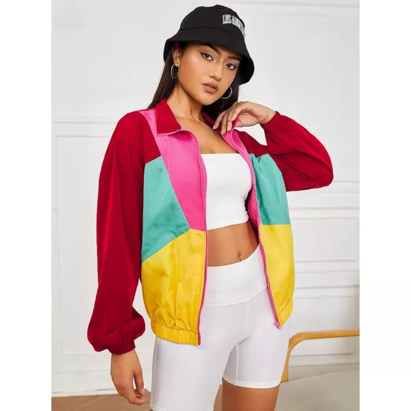 WDIRARA Women's Color Block Zipper Front Long Sleeve Sporty Windbreaker Jacket