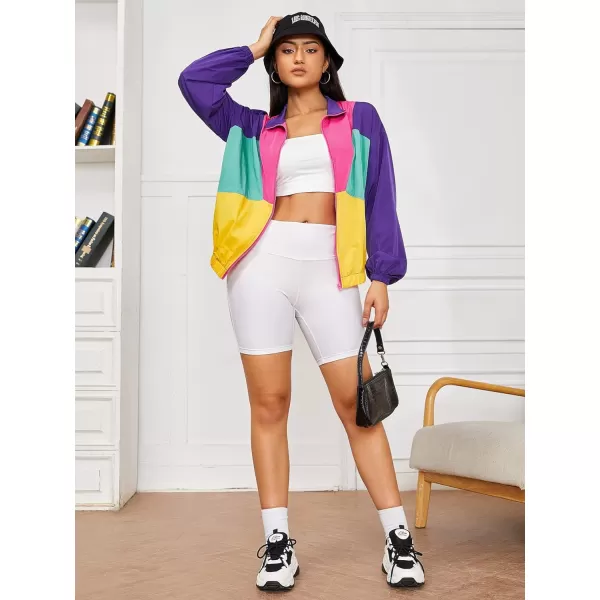 WDIRARA Women's Color Block Zipper Front Long Sleeve Sporty Windbreaker Jacket