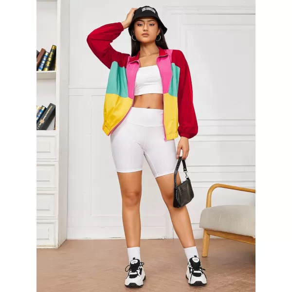 WDIRARA Women's Color Block Zipper Front Long Sleeve Sporty Windbreaker Jacket