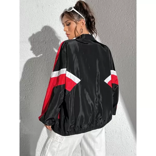 WDIRARA Women's Color Block Zipper Front Long Sleeve Sporty Windbreaker Jacket