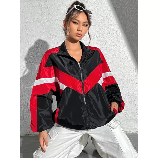 WDIRARA Women's Color Block Zipper Front Long Sleeve Sporty Windbreaker Jacket