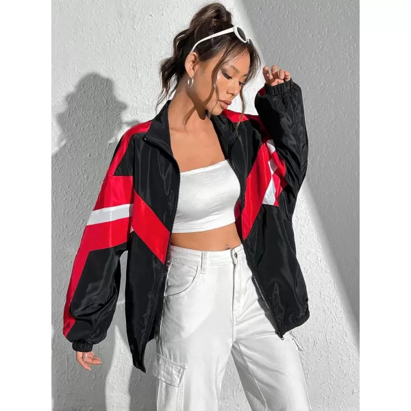 WDIRARA Women's Color Block Zipper Front Long Sleeve Sporty Windbreaker Jacket