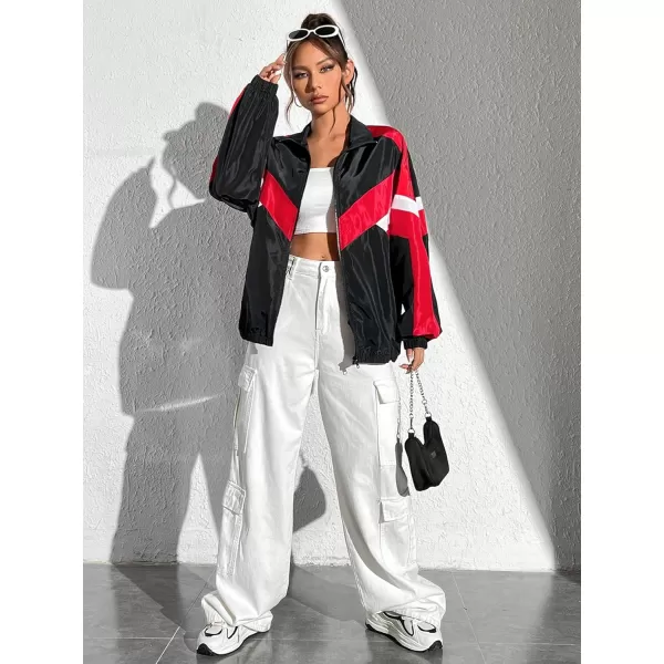 WDIRARA Women's Color Block Zipper Front Long Sleeve Sporty Windbreaker Jacket