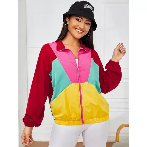 WDIRARA Women's Color Block Zipper Front Long Sleeve Sporty Windbreaker Jacket